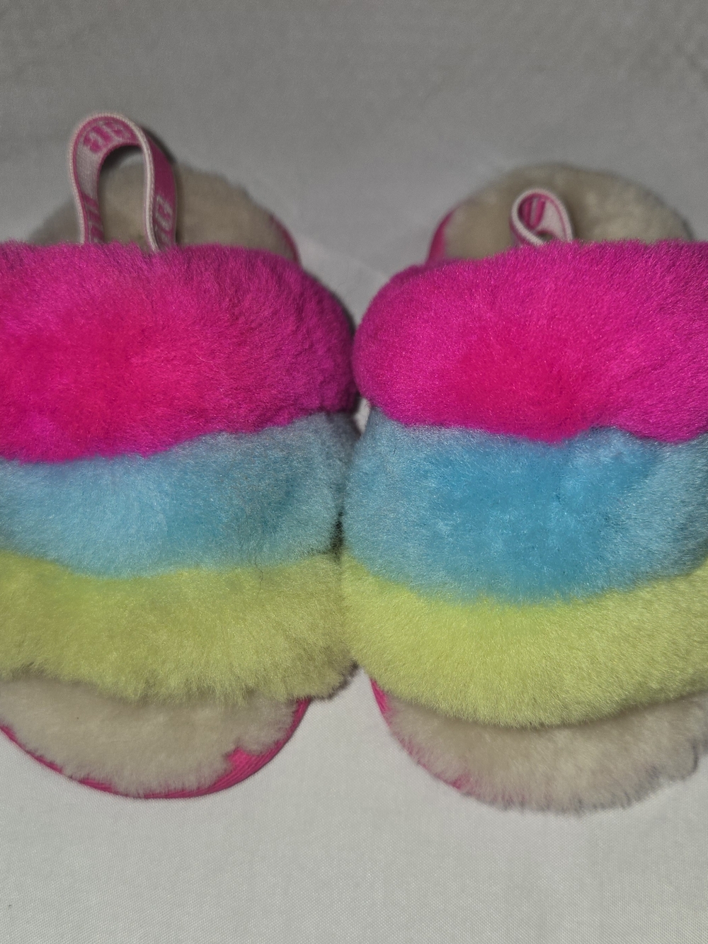 UGG Kids Rainbow Fluff Yeah Slide Slippers - Hot Pink, Aqua, Lemon SZ 04/05